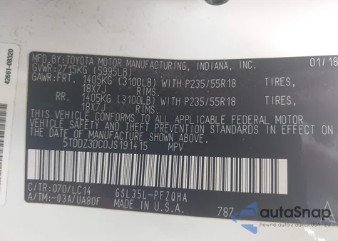 2018 Toyota Sienna Xle 7 Passenger z USA, uszkodzony, nr VIN 5TDDZ3DC0JS191415